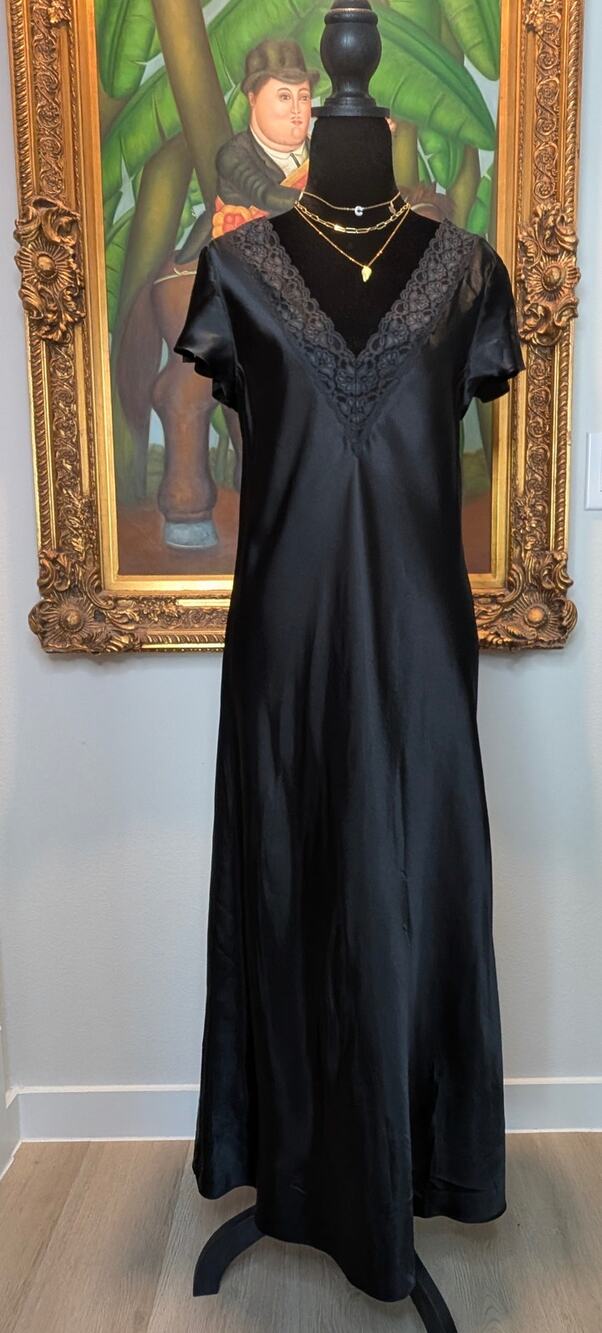 Enchanting Black Satin Slip Dress Lace V Neck Flutter Sleeve Goth Maxi Nightgown